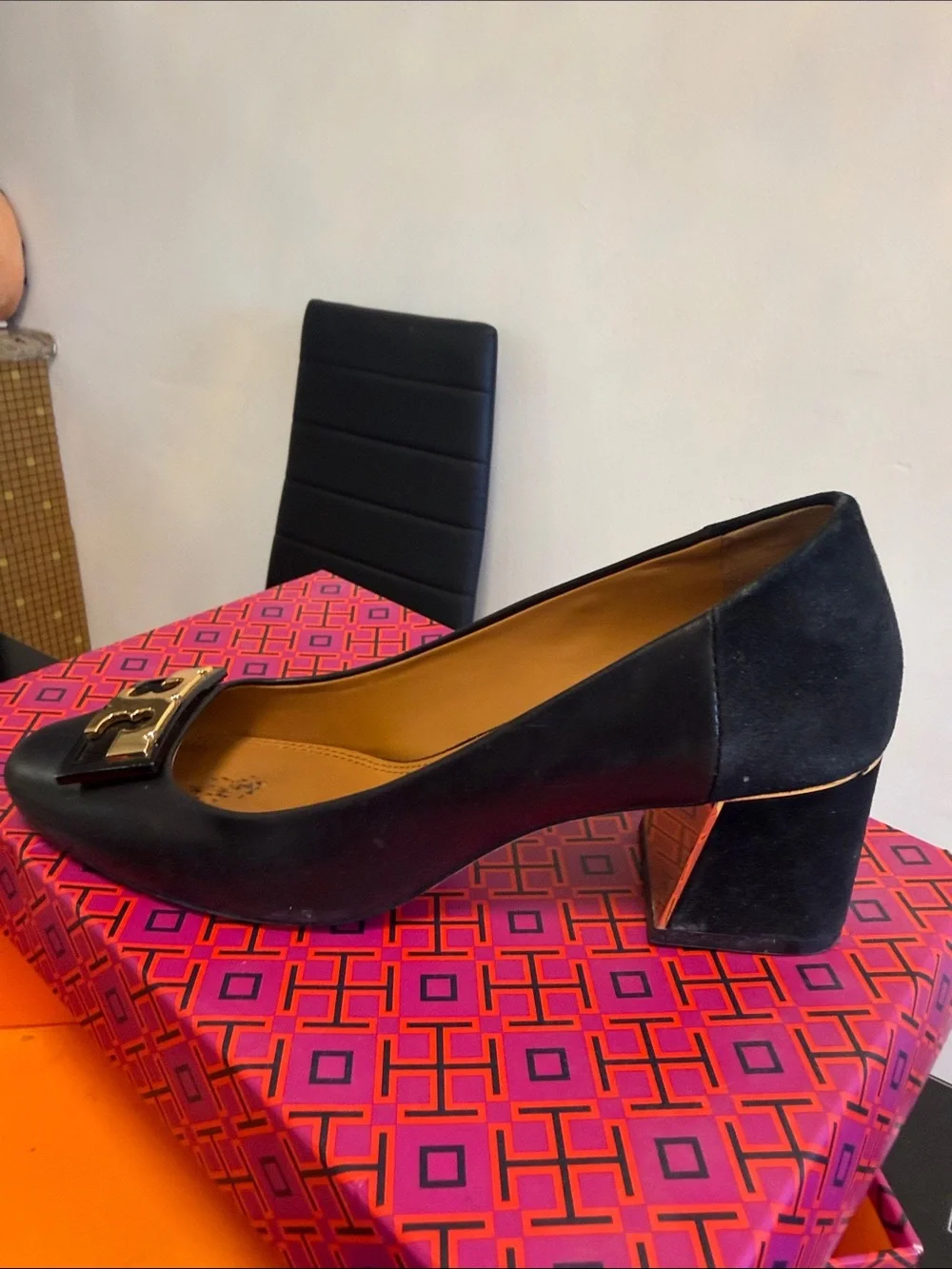 Tory Burch Black Leather Flats with Gold Logo Accent